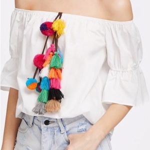 White Off-Shoulder Crop Top with Colorful Tassels
